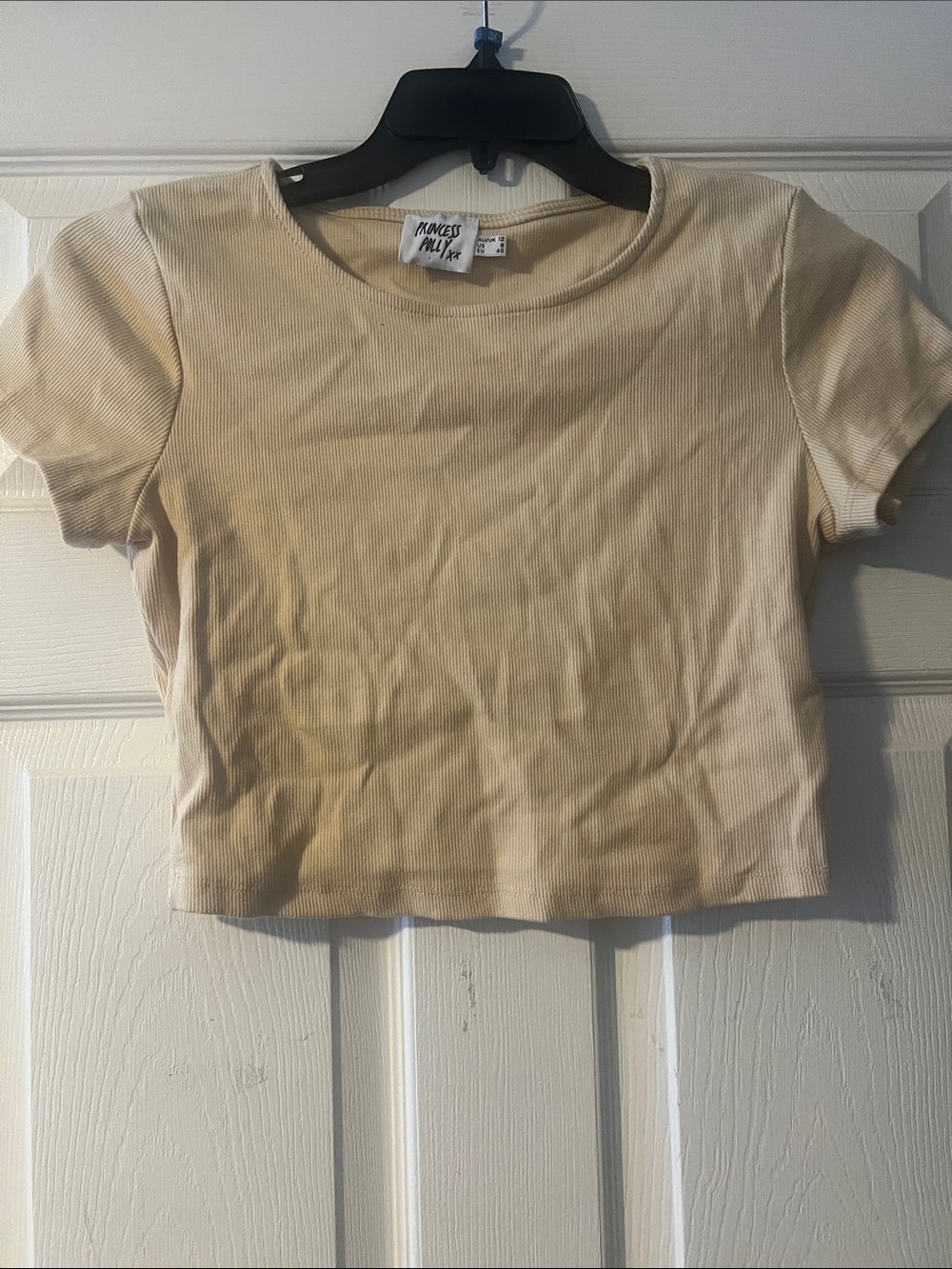 Princess Polly Cream Ribbed Short Sleeve Crop Tee
